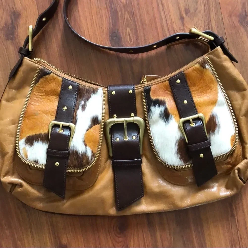 Sondra Roberts Tan, Brown & White Hobo Bag with Haircalf Accents